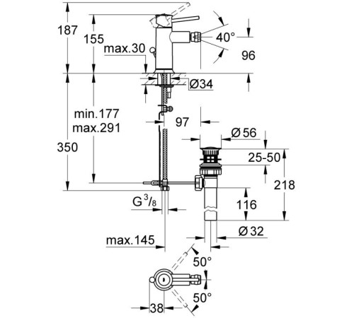 Смеситель для биде GROHE BauClassic с донным клапаном хром 32864000