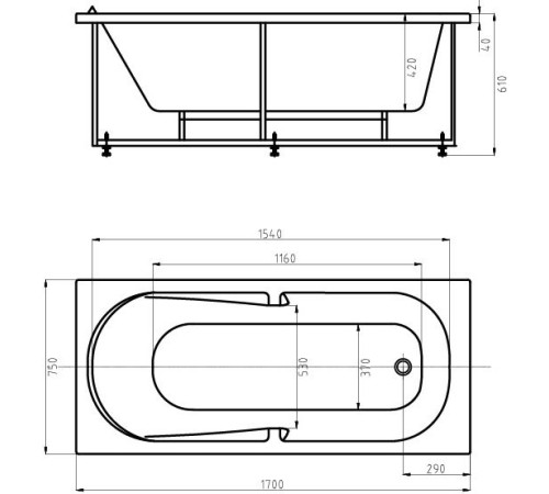 Ванна акриловая 1Marka Ley 170 см с фронтальным экраном правая LEY170-0000057