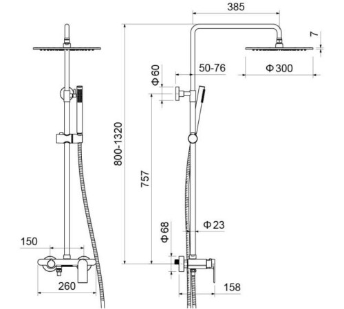 Душевая система со смесителем для ванны Aquanet Лира 300 мм хром AQ2440CR