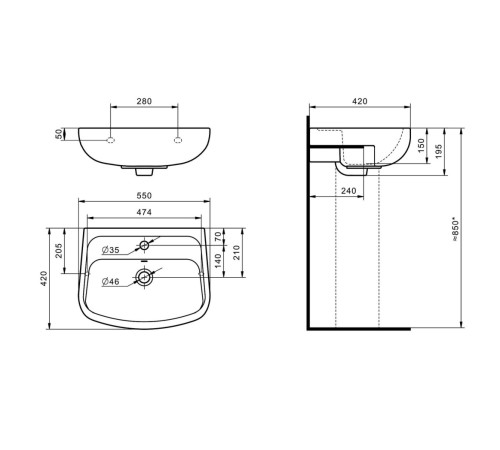 Умывальник Santek Лонги 55 см 1 отверстие 1.WH50.1.755