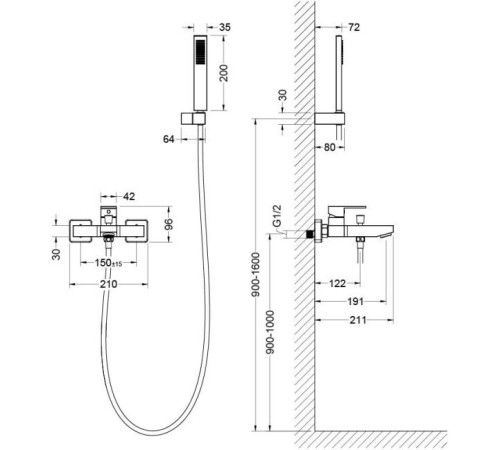 Смеситель для ванны Aquanet Libra с душевым набором 1jet AQ1649CR
