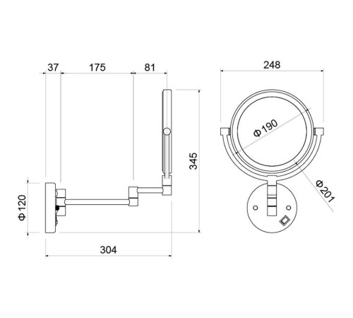 Зеркало косметическое настенное с подсветкой Aquanet 5x увеличение оружейная сталь AQ4915BGM