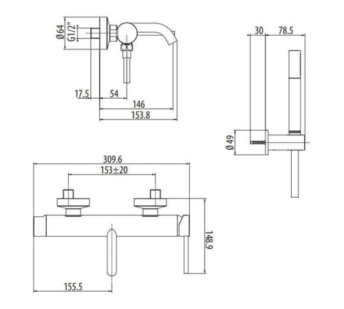 Смеситель для ванны настенный Gattoni Circle Two излив 146 мм с ручной лейкой хром 9100/91C0