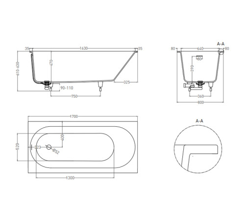 Ванна встраиваемая Salini Ornella Kit 170х80х60 см S-Sense белый глянцевый 102414G