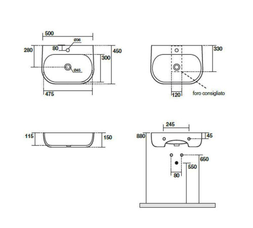 Раковина подвесная/накладная Kerasan Nolita 50х45 см 1 отв. белый глянцевый 534001