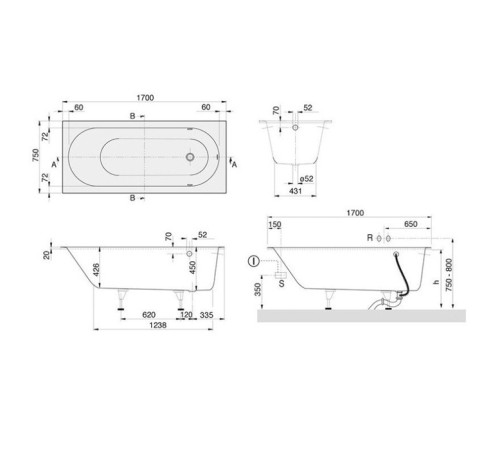 Ванна встраиваемая прямоугольная Villeroy & Boch Oberon 170x75x45 см Quaryl с ножками белый UBQ170OBE2V-01