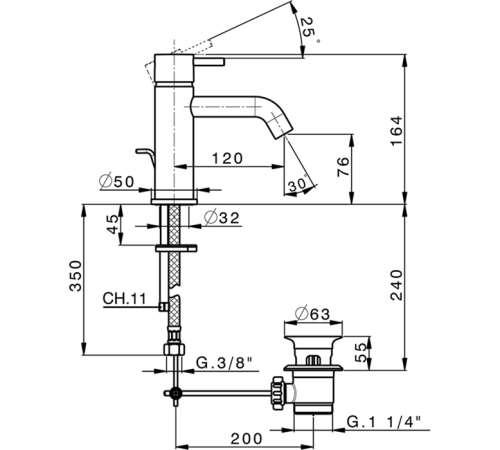Смеситель для раковины Cisal Less New с донным клапаном черный матовый LN00051040