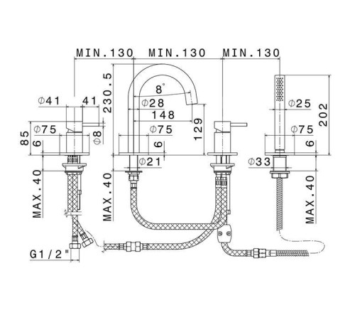 Смеситель для ванны на борт ванны Newform X-Steel 316 на 4 отверстия с душем Inox 69682XC.50.050