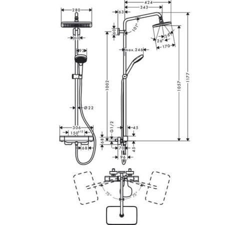 Душевая система Hansgrohe Croma E 280 1jet Showerpipe с термостатом для душа хром 27630000