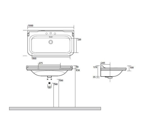 Раковина керамическая Kerasan Waldorf 100х55 см 1 отверстие белый/бронза 4142K1bi/cr / 811393br