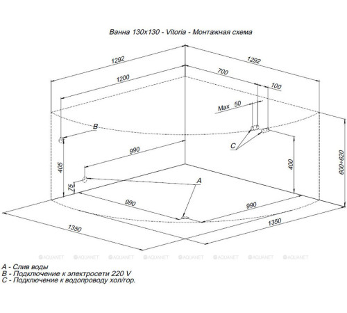 Ванна акриловая Aquanet Vitoria 130x130 см в комплекте 00205371