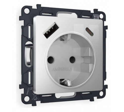 Розетка с заземлением и 2хUSB type A и C, без рамки Ambrella Volt Quant MA410010