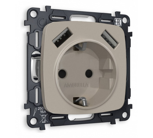 Розетка с заземлением и 2хUSB type A, без рамки Ambrella Volt Quant MO369010
