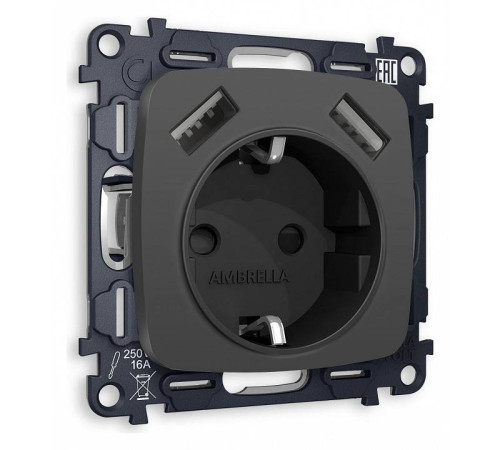 Розетка с заземлением и 2хUSB type A, без рамки Ambrella Volt Quant MO909010