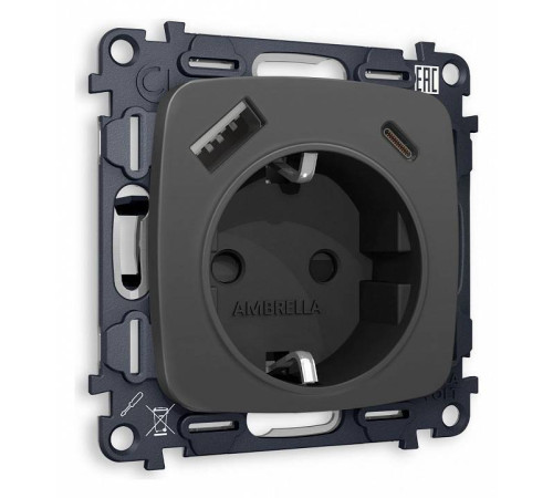 Розетка с заземлением и 2хUSB type A и C, без рамки Ambrella Volt Quant MO910010