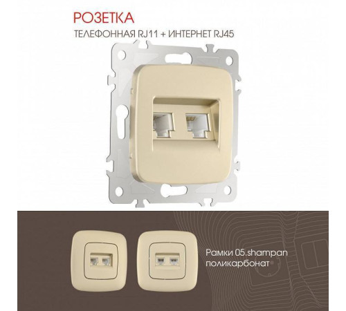 Розетка двойная RJ-11 и Ethernet RJ-45, без рамки Arte Milano am-205 205.44-1.shampan
