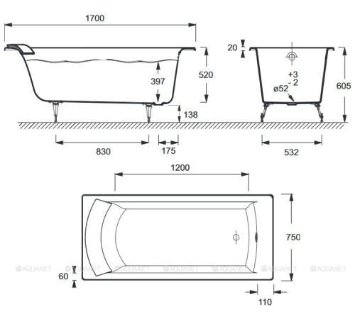 Ванна чугунная Jacob Delafon Biove 170x75 см без отверстий для ручек E2930-S-00