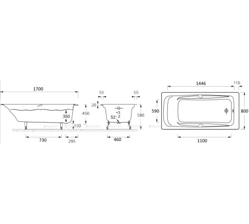 Ванна чугунная Jacob Delafon Repos 170x80 см без отверстий для ручек E2918-S-00