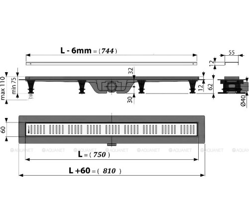 Водоотводящий желоб Alca Simple APZ10-750M с порогами 750 мм APZ10-750M