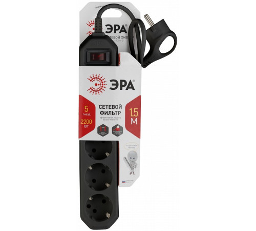 Удлинитель с выключателем ЭРА USF-5es-1.5m-B 5 розеток 1.5 м черный USF-5es-1.5m-B