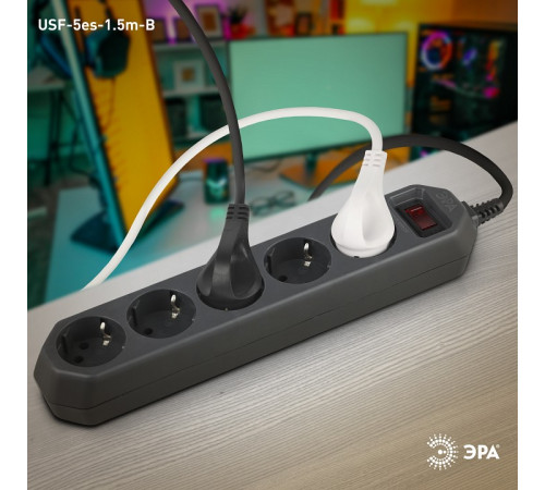 Удлинитель с выключателем ЭРА USF-5es-1.5m-B 5 розеток 1.5 м черный USF-5es-1.5m-B