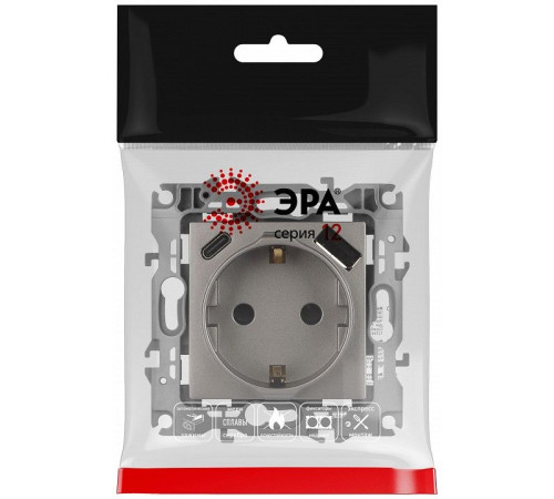 Розетка с заземлением и со шторкой и 2хUSB, без рамки Эра Эра 12 12-4108-16