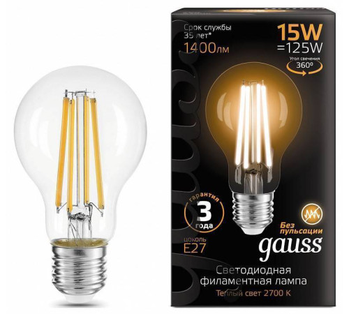 Лампа светодиодная Gauss Filament A60 E27 15 Вт 2700 K 102902115