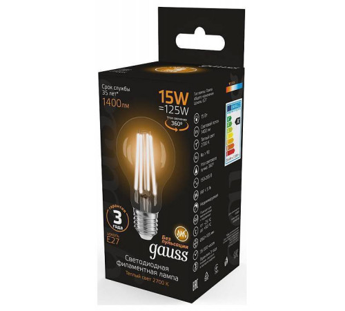 Лампа светодиодная Gauss Filament A60 E27 15 Вт 2700 K 102902115