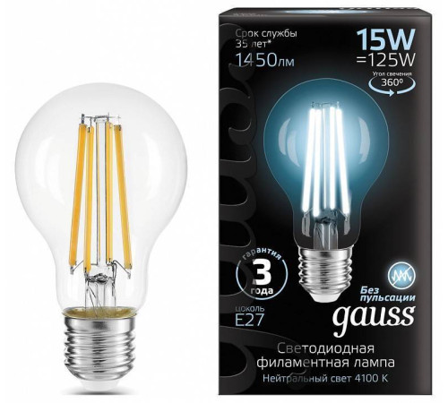 Лампа светодиодная Gauss Filament A60 E27 15 Вт 4100 K 102902215