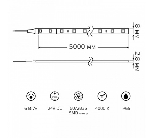 Лента светодиодная Gauss 6 Вт/м 12 В IP65 4000 К 5 м 23637442006
