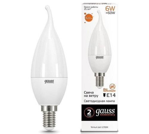 Лампа светодиодная Gauss Led Elementary Candle Tailed E14 6Вт 3000K 34116