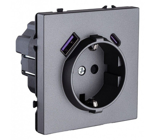 Розетка с заземлением и со шторкой и 2хUSB type A и C, без рамки Kollinger Eclipse EC-016GY