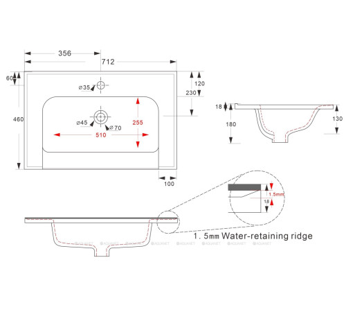 Раковина-столешница Aquanet Alba 712х465х180 мм 00368115