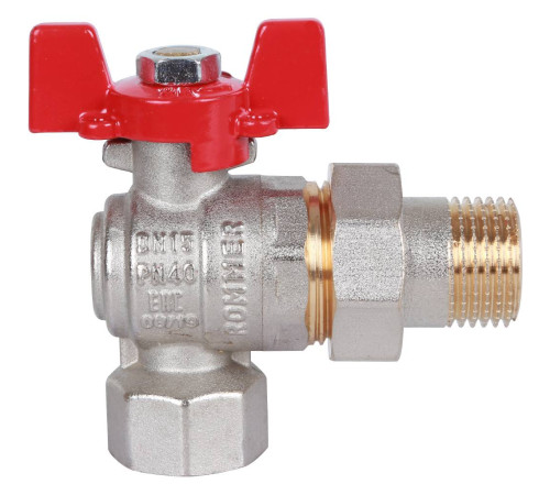 Кран шаровой ROMMER угловой с американкой ВР/НР ручка бабочка 1/2 RBV-0006-0610215