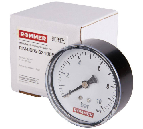 Манометр аксиальный ROMMER Ø63 мм 1/4 10 бар RIM-0009-631008