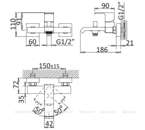 Смеситель для ванны и душа Cezares Porta черный матовый PORTA-VM-NOP