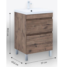 Тумба с раковиной Aquanet Нота New 58 напольная 2 ящика дуб веллингтон табак 00345797