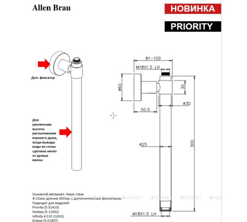 Удлинитель Allen Brau Priority/Fantasy 300 мм с фиксатором к стене никель браш 00326067