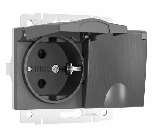 Розетка двойная влагозащищенная с заземлением и с шторками, без рамки с крышкой Werkel графит W1172204