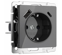 Розетка с заземлением и с шторками и 2хUSB, без рамки Werkel Графит акрил W1171744