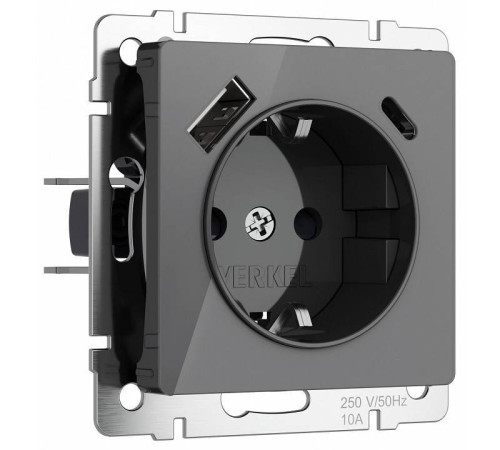 Розетка с заземлением и с шторками и 2хUSB, без рамки Werkel Графит акрил W1171744
