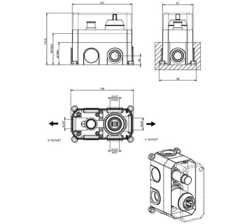 Встраиваемая часть для смесителя Gessi Via Manzoni на 2 выхода Black XL 38669#299