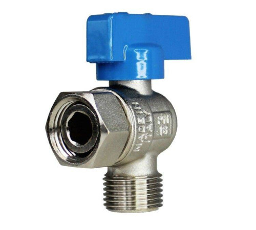 Кран шаровой угловой Everline 3/4 НВ ручка-флажок синяя с накидной гайкой EV963434