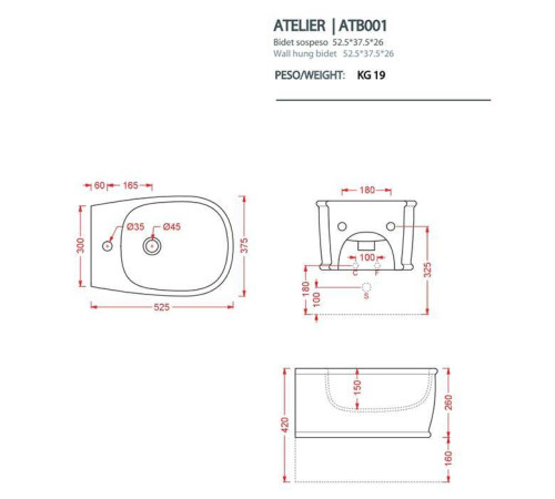 Биде подвесное Artceram Atelier 52х37 см 1 отв. matera ATB001 41 00