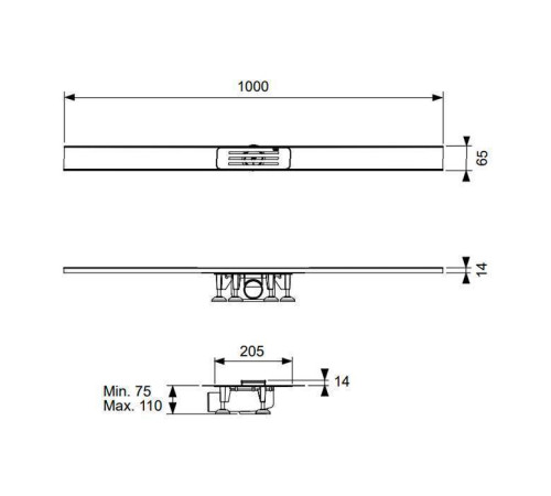 Комплект дренажного канала TECE TECElineo 65х1000 мм с сифоном и манжетой 15301100