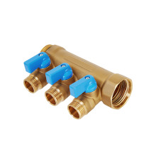 Коллектор латунный Hoobs 3/4х3х1/2 EK с шаровыми кранами 3 выхода синие ручки HB-6200R6H0504B3A
