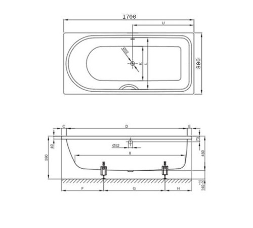 Ванна пристенная Bette Ocean 170х80х45 см BetteGlasur Plus Антислип 8865-000 PLUS AR