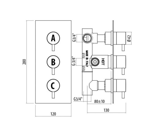 Термостатический встраиваемый смеситель для душа Gattoni Termostatici 3 выхода хром TS994/22C0.M