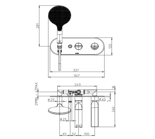 Внешняя часть смесителя для ванны BOSSINI Apice с изливом и верхним душем черный матовый Z00557.073