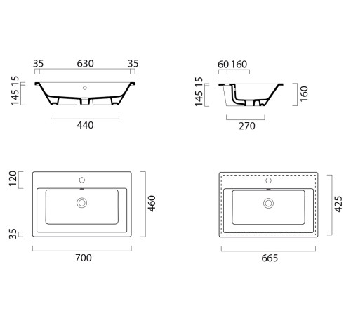 Раковина встраиваемая сверху GSI KUBE X 700x460 мм с 1 отверстием под смеситель белая глянцевая 9437111